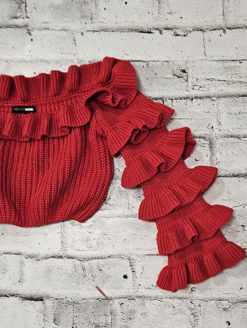 Fashion Nova Red Off Shoulder Ruffle Sleeve Knit Crop Sweater Top L - Picture 7 of 9